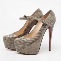 Pre Owned Christian Louboutin Grey Snakeskin Leather Lady Daf Mary Jane Pumps Size 41