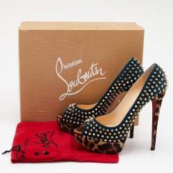 Pre Owned Christian Louboutin Blue Suede Lady Peep Spikes Platform Pumps Size 39