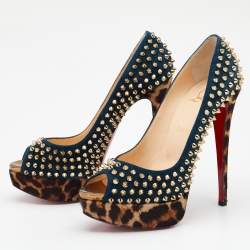 Pre Owned Christian Louboutin Blue Suede Lady Peep Spikes Platform Pumps Size 39