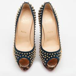 Pre Owned Christian Louboutin Blue Suede Lady Peep Spikes Platform Pumps Size 39