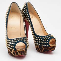 Pre Owned Christian Louboutin Blue Suede Lady Peep Spikes Platform Pumps Size 39