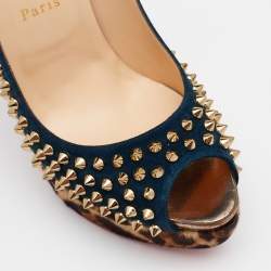 Pre Owned Christian Louboutin Blue Suede Lady Peep Spikes Platform Pumps Size 39