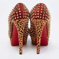 Christian Louboutin Tri-Color Suede and Leopard Print Calf Hair Lady Peep Spikes Platform Pumps Size 36.5