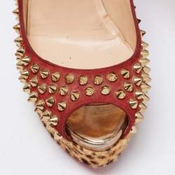 Christian Louboutin Tri-Color Suede and Leopard Print Calf Hair Lady Peep Spikes Platform Pumps Size 36.5