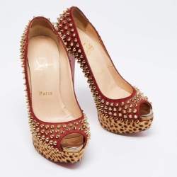 Christian Louboutin Tri-Color Suede and Leopard Print Calf Hair Lady Peep Spikes Platform Pumps Size 36.5