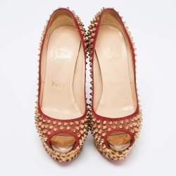 Christian Louboutin Tri-Color Suede and Leopard Print Calf Hair Lady Peep Spikes Platform Pumps Size 36.5