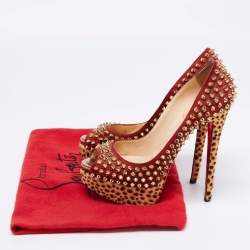 Christian Louboutin Tri-Color Suede and Leopard Print Calf Hair Lady Peep Spikes Platform Pumps Size 36.5