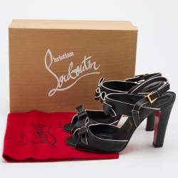 Christian Louboutin Black Leather Bow Open Toe Ankle Strap Sandals Size 40