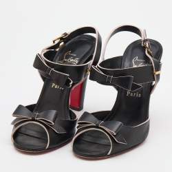 Christian Louboutin Black Leather Bow Open Toe Ankle Strap Sandals Size 40