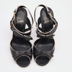 Christian Louboutin Black Leather Bow Open Toe Ankle Strap Sandals Size 40
