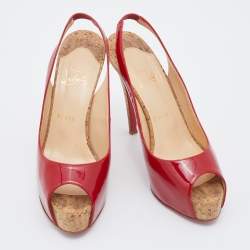 Pre Owned Christian Louboutin Red Patent Leather So Private 120 Cork Slingback Platform Sandals Size 39.5