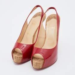 Pre Owned Christian Louboutin Red Patent Leather So Private 120 Cork Slingback Platform Sandals Size 39.5