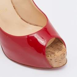 Pre Owned Christian Louboutin Red Patent Leather So Private 120 Cork Slingback Platform Sandals Size 39.5