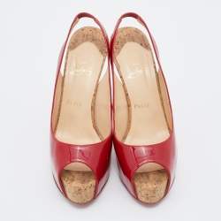Pre Owned Christian Louboutin Red Patent Leather So Private 120 Cork Slingback Platform Sandals Size 39.5