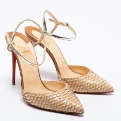 Pre Owned Christian Louboutin Beige/Silver Python Leather Pointed Toe Ankle Strap Sandals Size 39