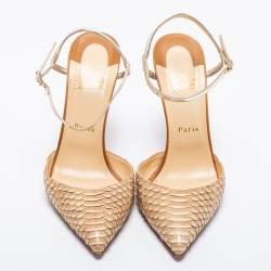 Pre Owned Christian Louboutin Beige/Silver Python Leather Pointed Toe Ankle Strap Sandals Size 39