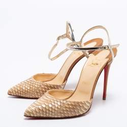Pre Owned Christian Louboutin Beige/Silver Python Leather Pointed Toe Ankle Strap Sandals Size 39