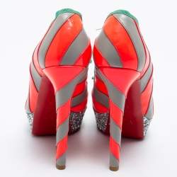 Christian Louboutin Grey/Neon Pink Striped Leather Foraine Glitter Platform Pumps Size 35.5