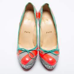 Christian Louboutin Grey/Neon Pink Striped Leather Foraine Glitter Platform Pumps Size 35.5