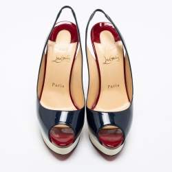 Christian Louboutin Tricolor Patent Leather Lady Peep-Toe Platform Slingback Sandals Size 38.5