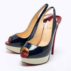 Christian Louboutin Tricolor Patent Leather Lady Peep-Toe Platform Slingback Sandals Size 38.5