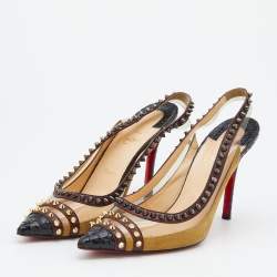 Pre Owned Christian Louboutin Multicolor Leather And PVC Studded Pointed Toe Slingback Sandals Size 39.5