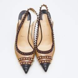 Pre Owned Christian Louboutin Multicolor Leather And PVC Studded Pointed Toe Slingback Sandals Size 39.5