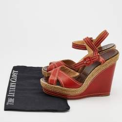 Pre Owned Christian Louboutin Red Leather Almeria Cross Strap Espadrille Wedge Sandals Size 39