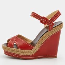 Pre Owned Christian Louboutin Red Leather Almeria Cross Strap Espadrille Wedge Sandals Size 39