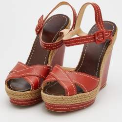 Pre Owned Christian Louboutin Red Leather Almeria Cross Strap Espadrille Wedge Sandals Size 39
