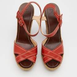 Pre Owned Christian Louboutin Red Leather Almeria Cross Strap Espadrille Wedge Sandals Size 39
