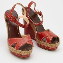 Pre Owned Christian Louboutin Red Leather Almeria Cross Strap Espadrille Wedge Sandals Size 39