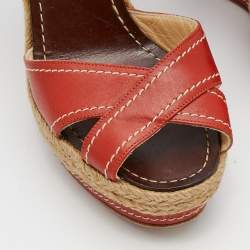 Pre Owned Christian Louboutin Red Leather Almeria Cross Strap Espadrille Wedge Sandals Size 39