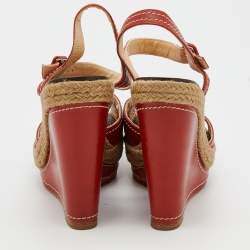 Pre Owned Christian Louboutin Red Leather Almeria Cross Strap Espadrille Wedge Sandals Size 39