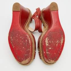Pre Owned Christian Louboutin Red Leather Almeria Cross Strap Espadrille Wedge Sandals Size 39