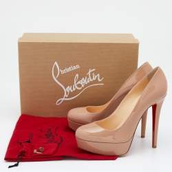 Pre Owned حذاء كعب عالي كريستيان لوبوتان بيانكا جلد بيج لامع بنعل سميك مقاس 37.5