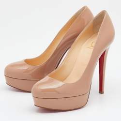 Pre Owned حذاء كعب عالي كريستيان لوبوتان بيانكا جلد بيج لامع بنعل سميك مقاس 37.5