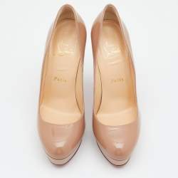 Pre Owned حذاء كعب عالي كريستيان لوبوتان بيانكا جلد بيج لامع بنعل سميك مقاس 37.5