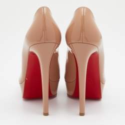 Pre Owned حذاء كعب عالي كريستيان لوبوتان بيانكا جلد بيج لامع بنعل سميك مقاس 37.5