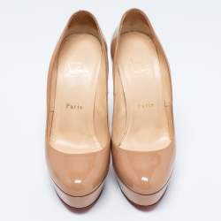 Pre Owned حذاء كعب عالي كريستيان لوبوتان بيانكا جلد بيج لامع نعل سميك مقاس 38