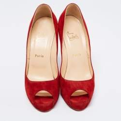 Pre Owned Christian Louboutin Red Suede New Very Prive Peep Toe Platform Pumps Size 41