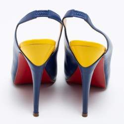 Pre Owned Christian Louboutin Blue/Yellow Leather No Prive Peep-Toe Slingback Sandals Size 41