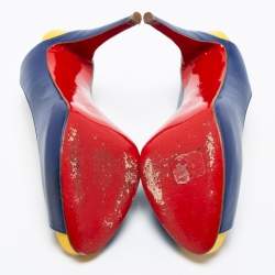 Pre Owned Christian Louboutin Blue/Yellow Leather No Prive Peep-Toe Slingback Sandals Size 41