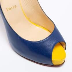 Pre Owned Christian Louboutin Blue/Yellow Leather No Prive Peep-Toe Slingback Sandals Size 41