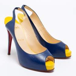Pre Owned Christian Louboutin Blue/Yellow Leather No Prive Peep-Toe Slingback Sandals Size 41