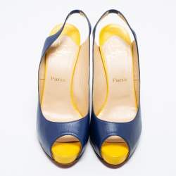 Pre Owned Christian Louboutin Blue/Yellow Leather No Prive Peep-Toe Slingback Sandals Size 41