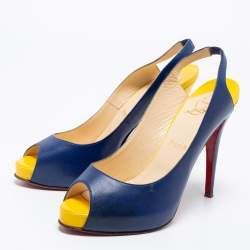 Pre Owned Christian Louboutin Blue/Yellow Leather No Prive Peep-Toe Slingback Sandals Size 41