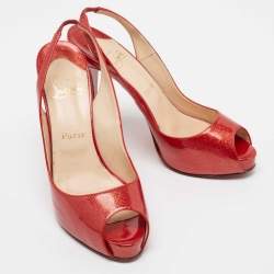 Pre Owned Christian Louboutin Red Glitter Patent Leather No Prive Slingback Sandals Size 41