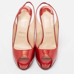 Pre Owned Christian Louboutin Red Glitter Patent Leather No Prive Slingback Sandals Size 41