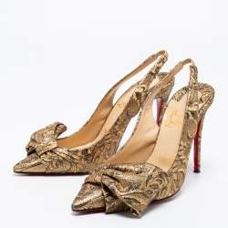 Pre Owned Christian Louboutin Gold Brocade Fabric Kirazissimo Slingback Sandals Size 37.5